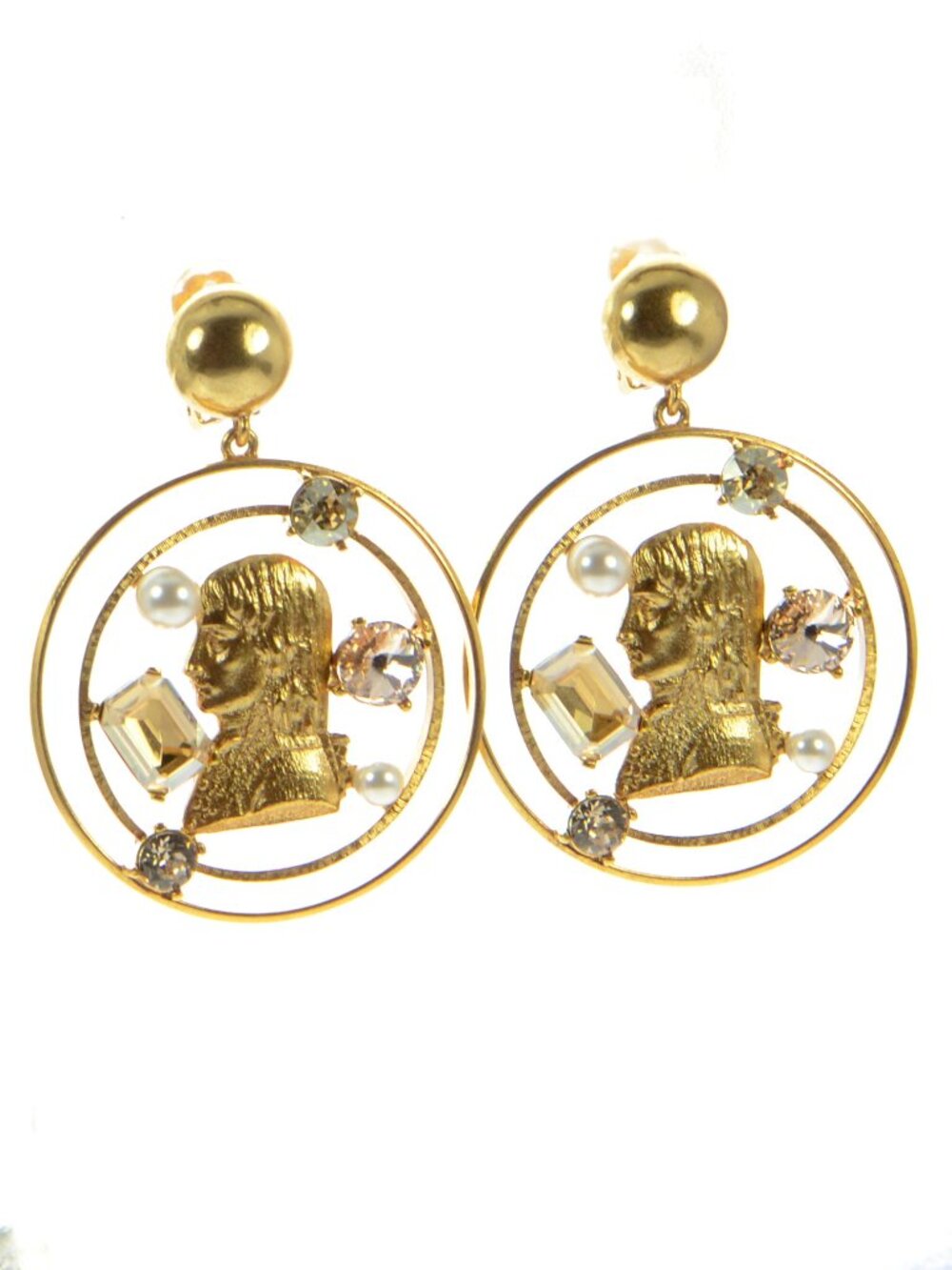 Vintage Oscar de la Renta Gold-tone Crystal Bold Cameo Disc Earrings